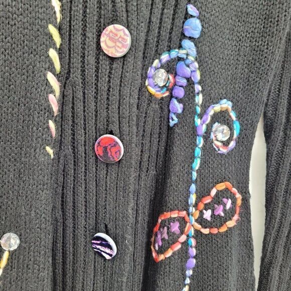 Vintage 90's Coatigan Duster Cardigan M Black Whimsical Embroidery Fairy Grunge - Picture 9 of 17